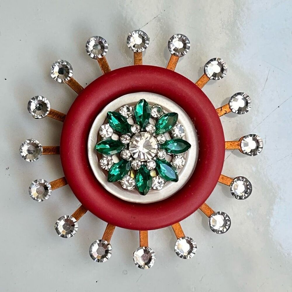Vintage Upcycled Atomic Starburst Refrigerator Magnet Buttons Rhinestones Red Gr